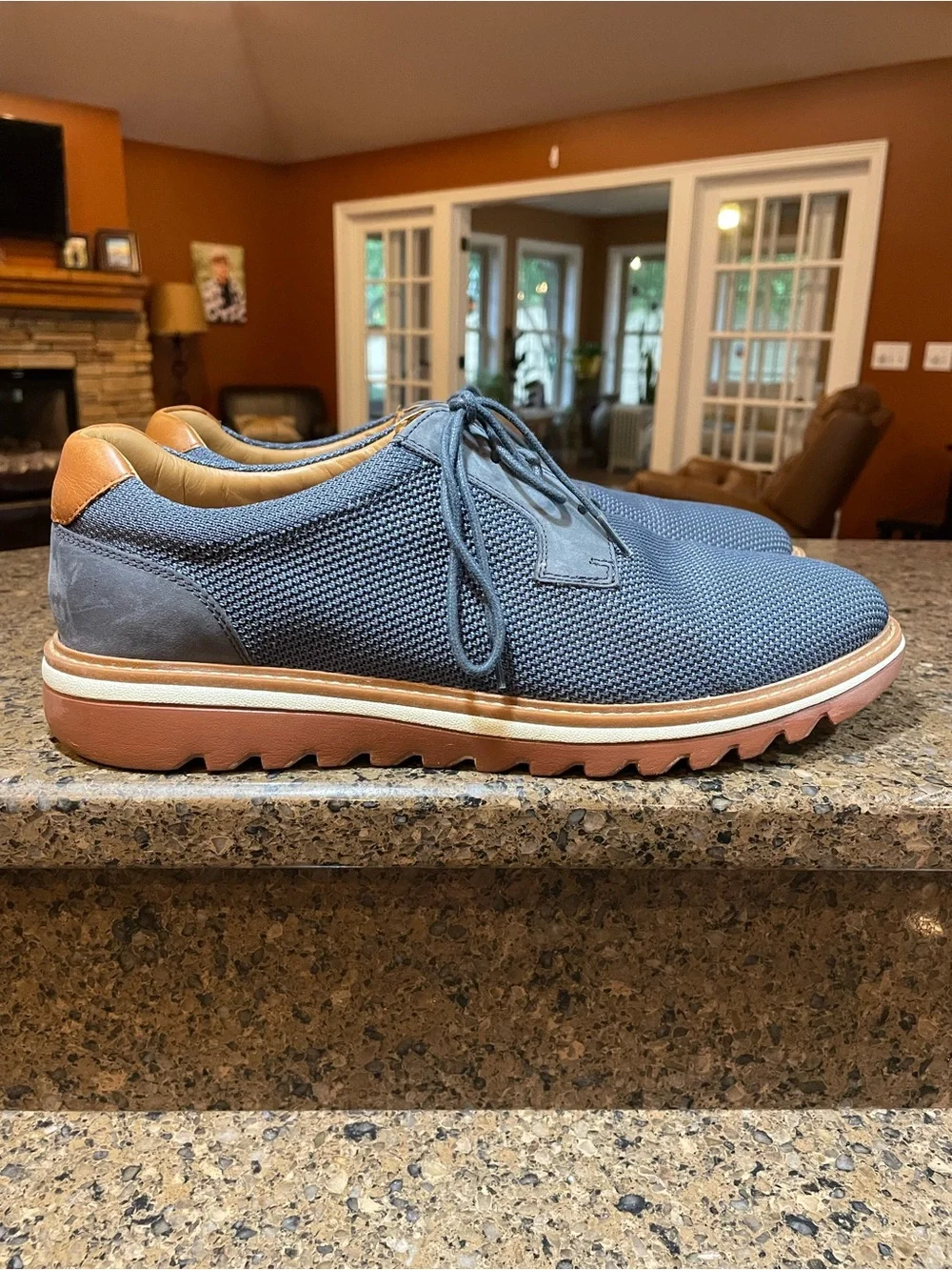 Men's Navy Knit Derby with Brown Trim — Casual Dress Shoes
